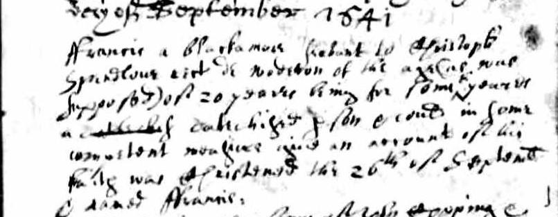 Extract from 17th century parish register showing a young black man living in Norfolk. Westwood Family History, Family Historian and Genealogist